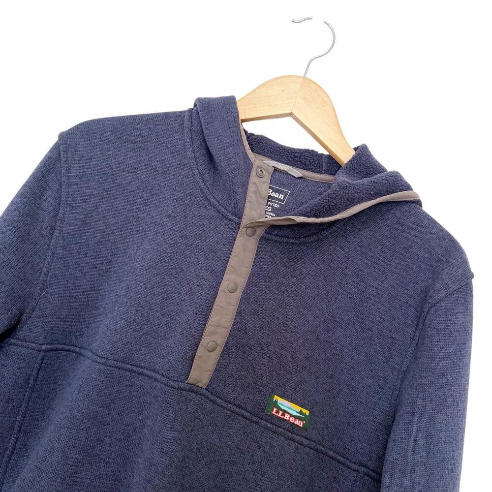LL Bean Navy Blue Hooded Snap Button Pullover Sweater Hoodie Sz L